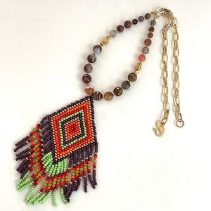 Tribal agate boho festival necklace with handmade beaded pendant